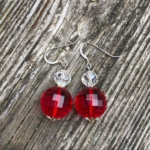 Hand Made Red Bead Dangle Earrings - Picture 1 of 3